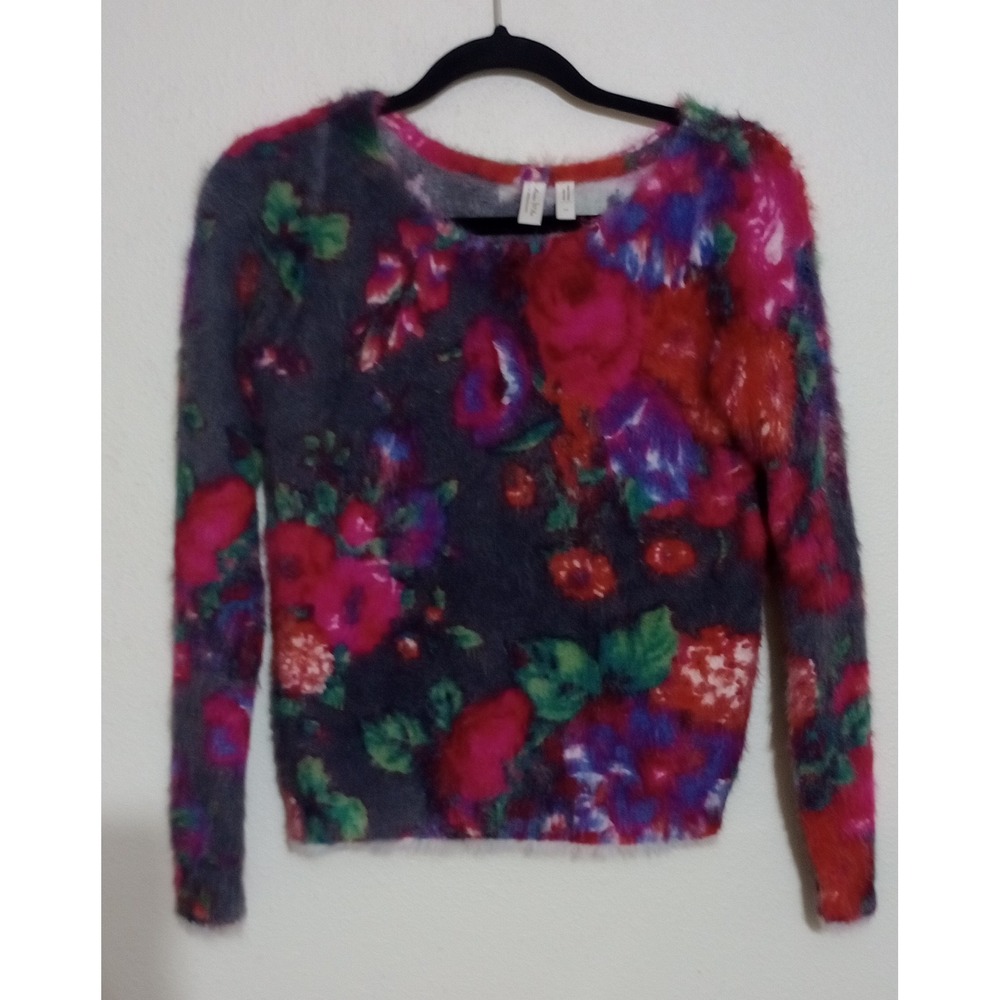 Meadow Rue Anthropologie Ariel Eyelash Floral Fuzzy Knit Sweater XS Long Sleeve